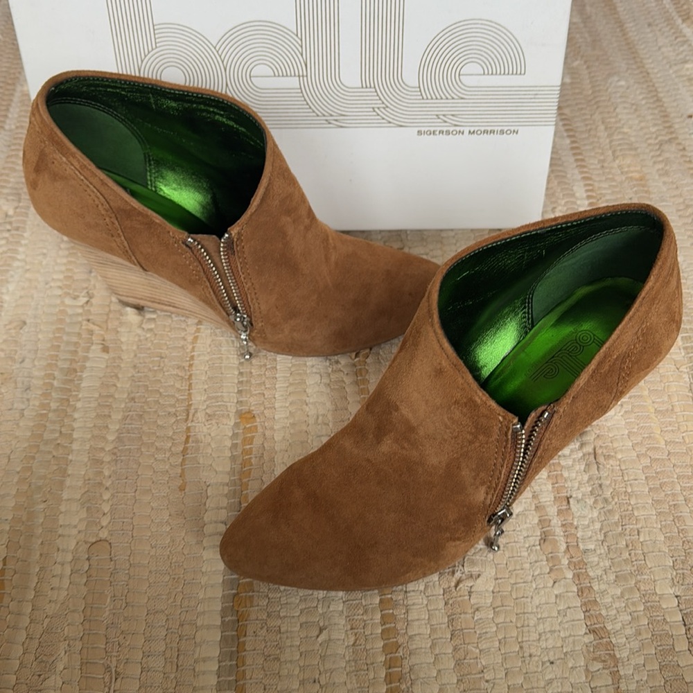 Belle by Sigerson Morrison Tan Suede Wedge Ankle Booties with Green Lining
